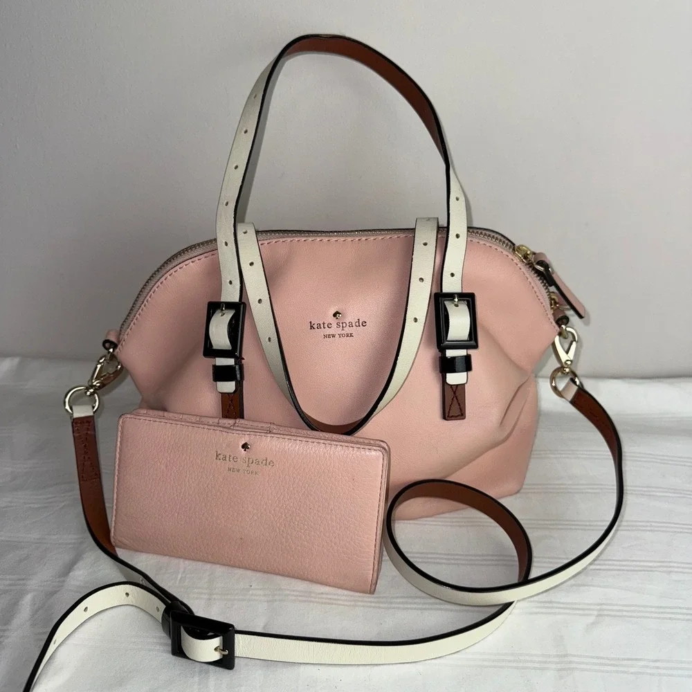 Kate Spade New York Pink Leather Dome Satchel Shoulder Bag & Wallet Set Dust Bag